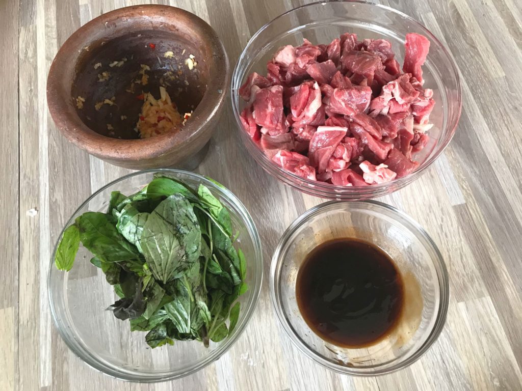 Ingredients prep to make Thai basil beef stir fry. 