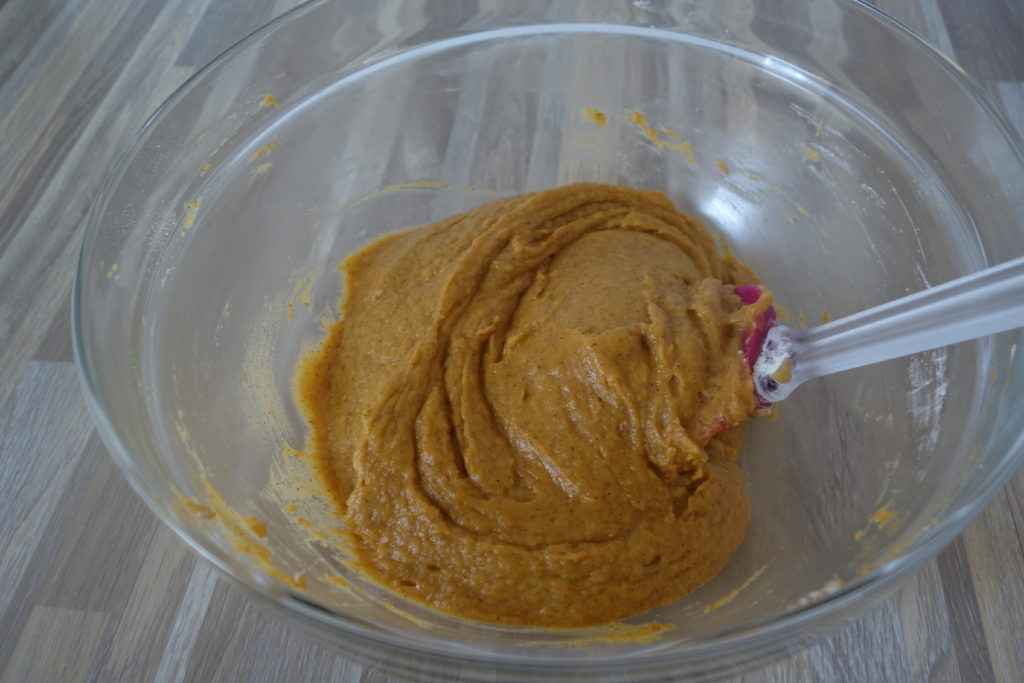 After all ingredients are mixed for Pumpkin chocolate chip cookies