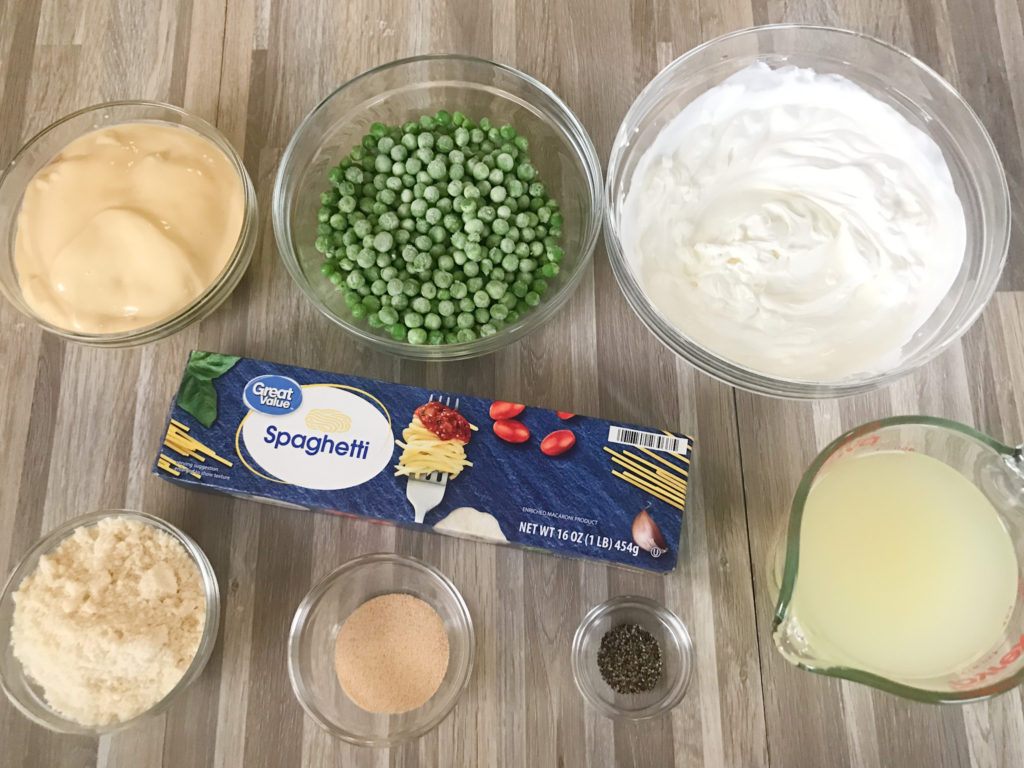 Ingredients needed to for Chicken and Peas white Pasta