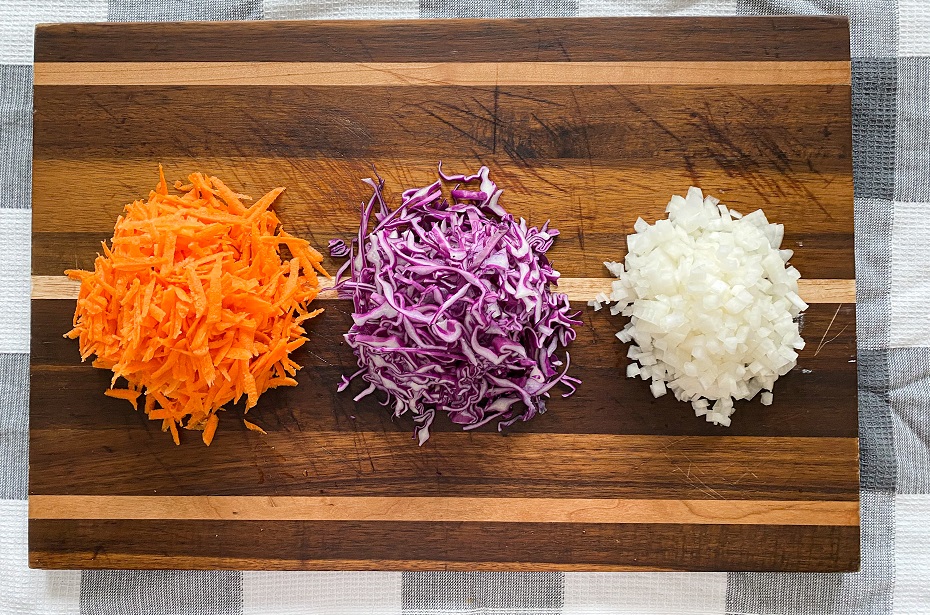 carrots, purple cabbage, and onion for egg roll recipe