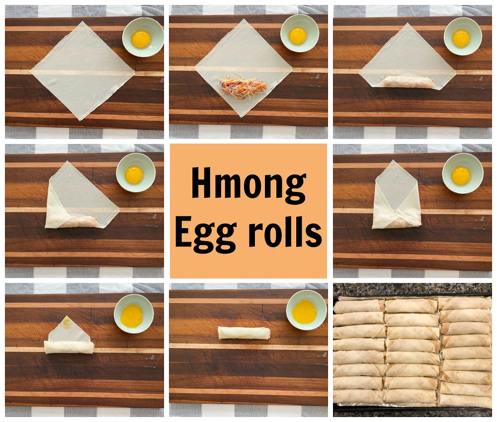 step by step how to roll an egg roll. 
