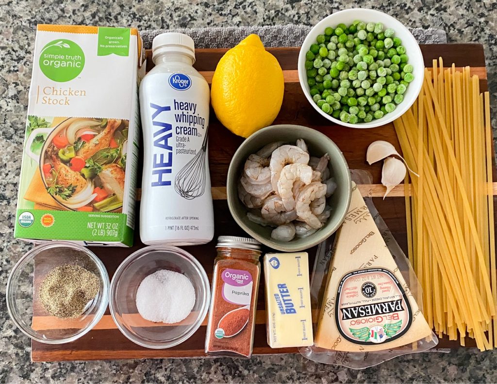 Complete ingredients for Creamy Fettuccine Pasta with Shrimp