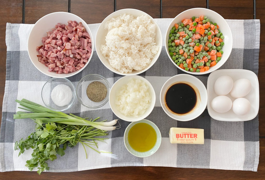 Ingredients for ham fried rice. 