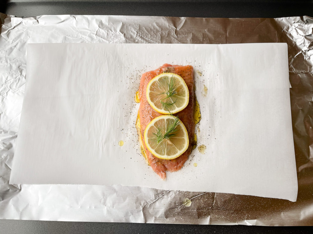 Salmon with lemon, olive oil, black pepper and salt. 