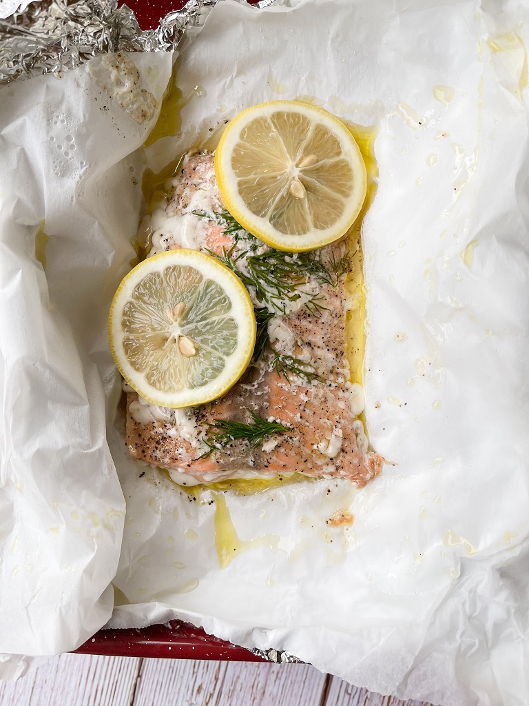 easy oven-baked salmon out of the oven