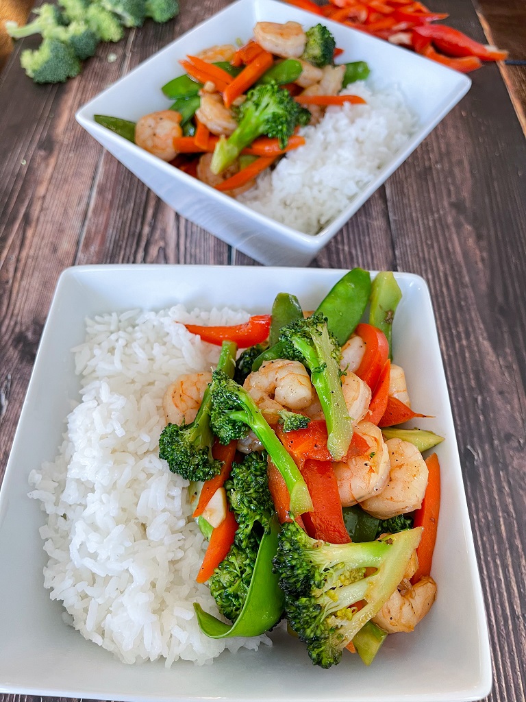 Delicious shrimp stir-fry served with white rice