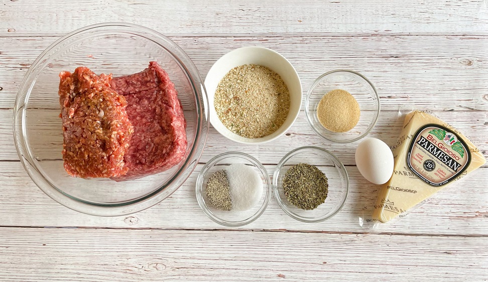 Ingredients for spaghetti and homemade meatballs 